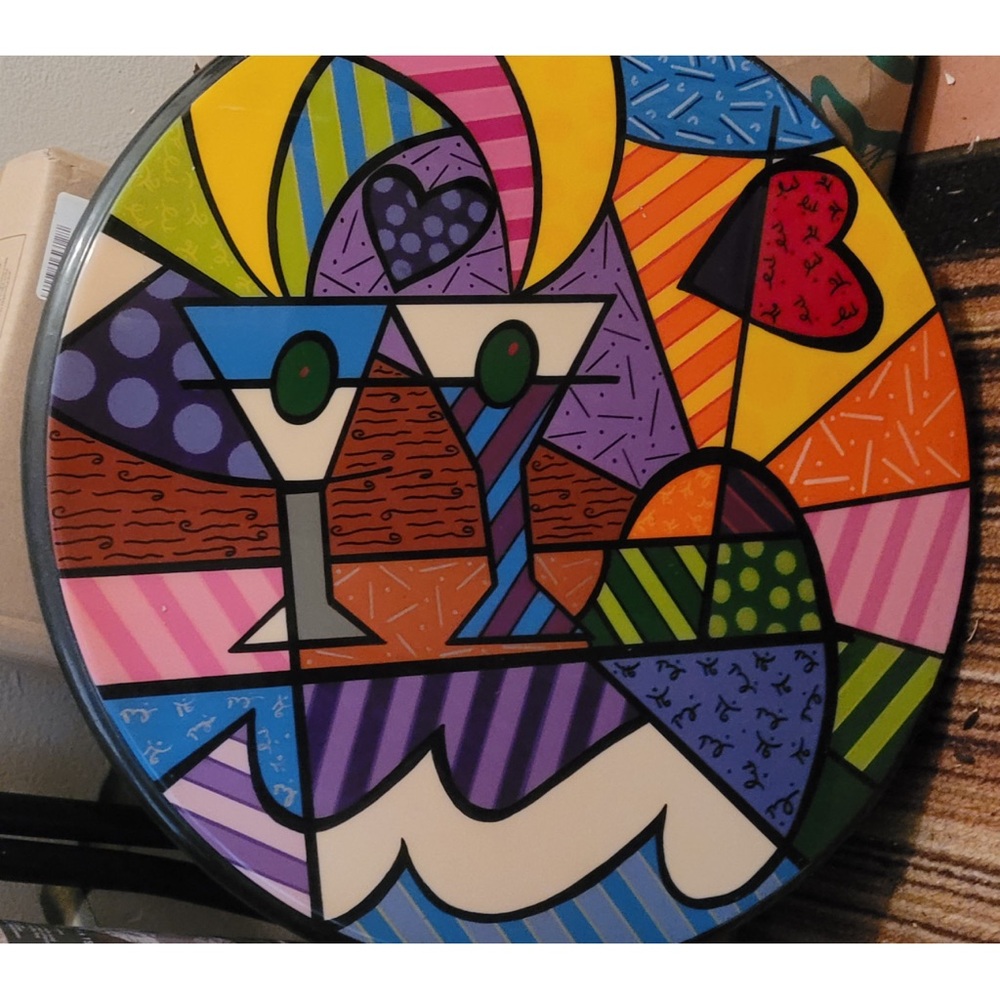Rare Romero Britto Large “Happy Hour” Wooden Lazy Susan Turntable